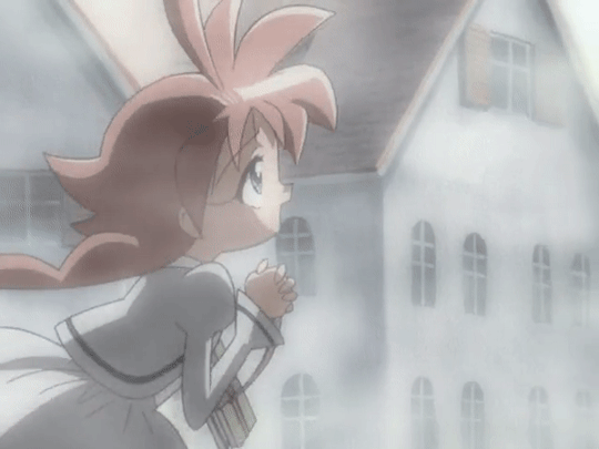A looping gif of Ahiru from Princess Tutu running through a foggy street, her hands are clasped and she's smiling