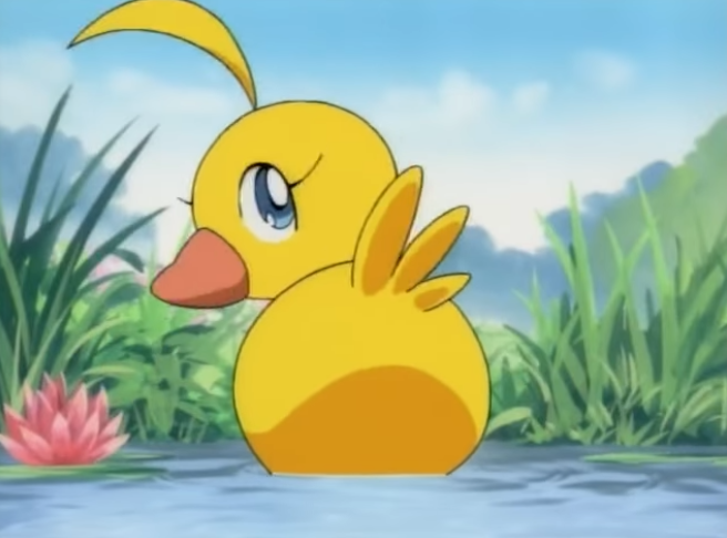 Ahiru from Princess Tutu as a duck. She's in a pond, and her head is turn to look at the viewer.